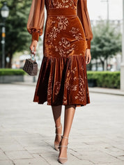 Caramel Mesh Velvet Crew Neck Long Sleeve Balloon Sleeve Mermaid Midi Dress