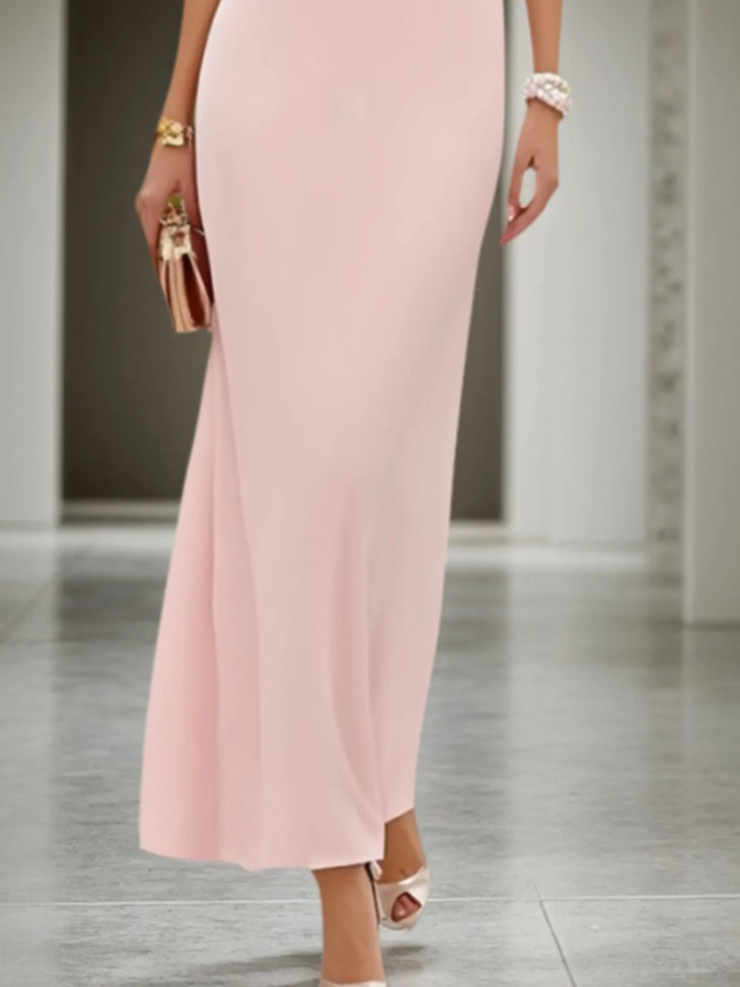 Formal Wedding Guest Dress Pink Strapless Sleeveless Maxi Dress
