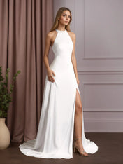 White A-Line Side Slit Stretch Satin Wedding Dress
