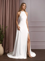 White A-Line Side Slit Stretch Satin Wedding Dress