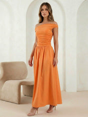 Orange One Shoulder Satin A Line Pleat Maxi Dresses