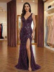 Steel Blue Sequin Feather Long Prom Dress with Slit