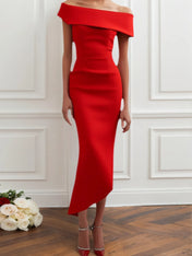 Semi-Formal Party Dress Red Off-The-Shoulder Midi Dress