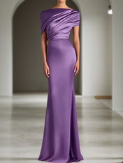 Fall Wedding Guest Dress Satin Purple Ruched Maxi Dress