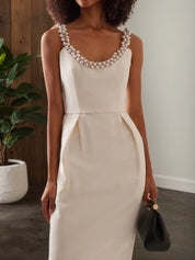 Off White Spaghetti Imitation Pearls Sheath Midi Dress