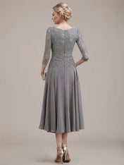 A-line Scoop Tea-Length Lace Chiffon Mother of the Bride Dress