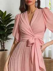 Pink Ruched Bow Chiffon V Neck Short Sleeve Sheath Maxi Dress