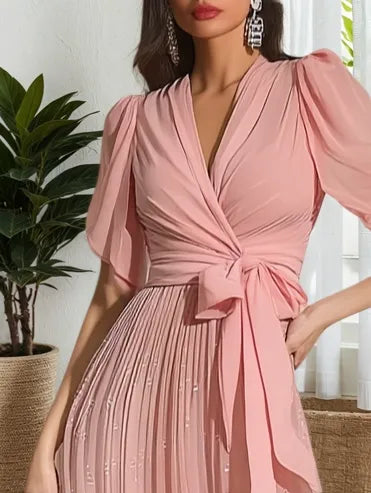 Pink Ruched Bow Chiffon V Neck Short Sleeve Sheath Maxi Dress