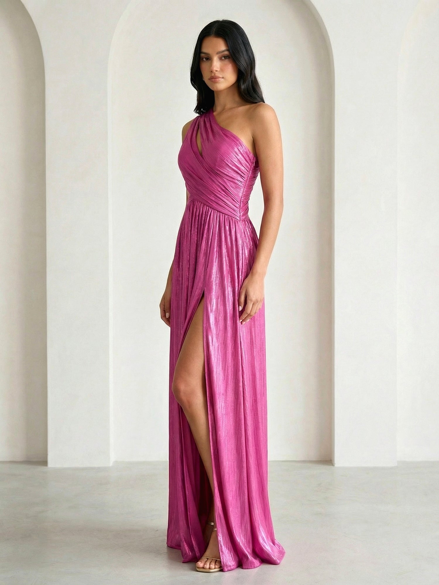 Fuchsia One Shoulder Hollowed Maxi Dress with Pleat