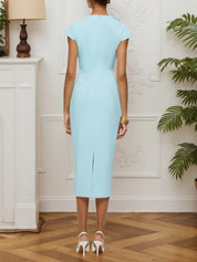 Blue 3D Floral Cap Sleeve Sheath Midi Dress