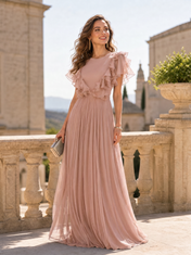 Flutter Sleeve Pleated Chiffon Gown with Ruffle Trim Mother of The Bride Dresses