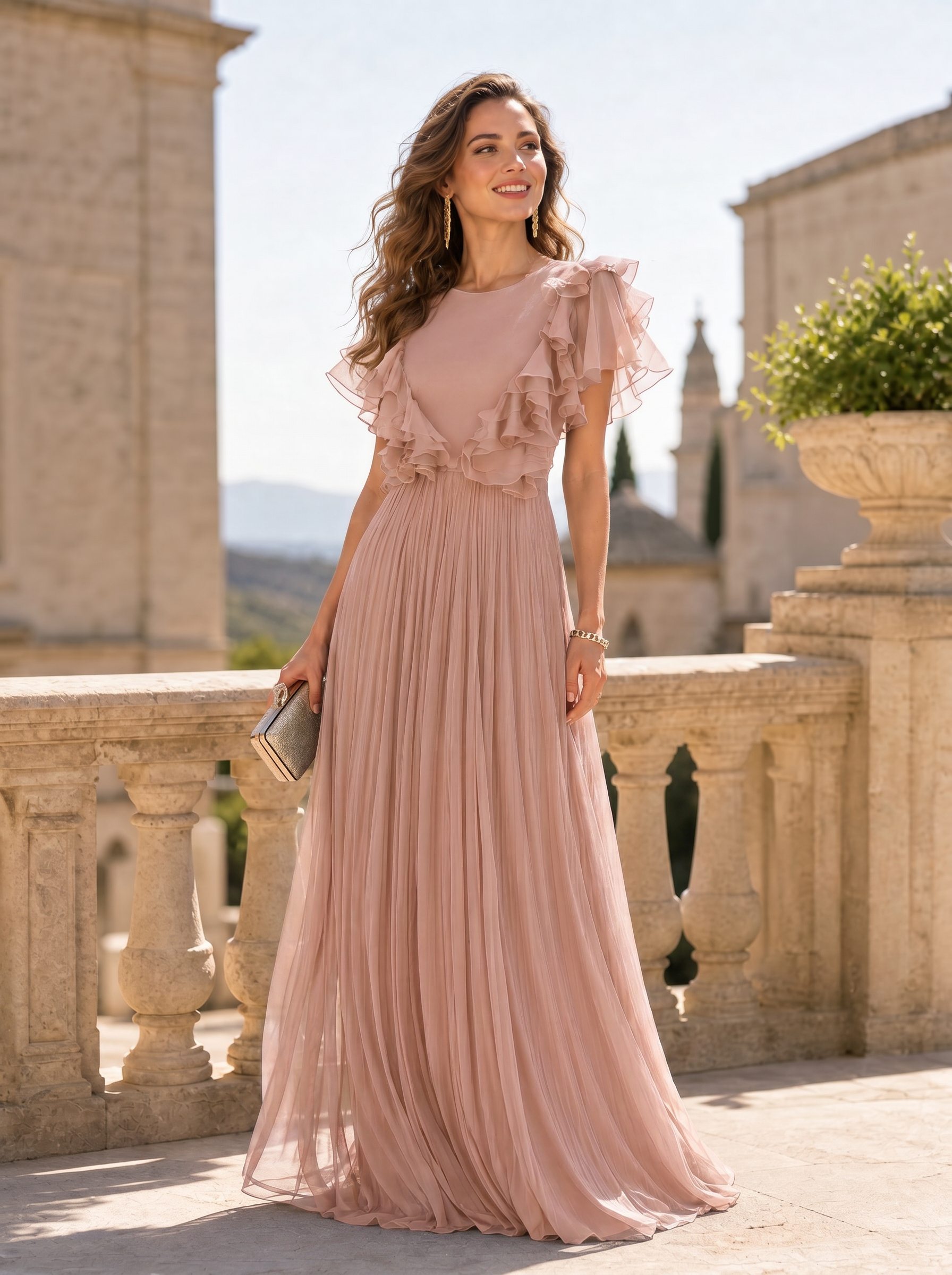 Flutter Sleeve Pleated Chiffon Gown with Ruffle Trim Mother of The Bride Dresses