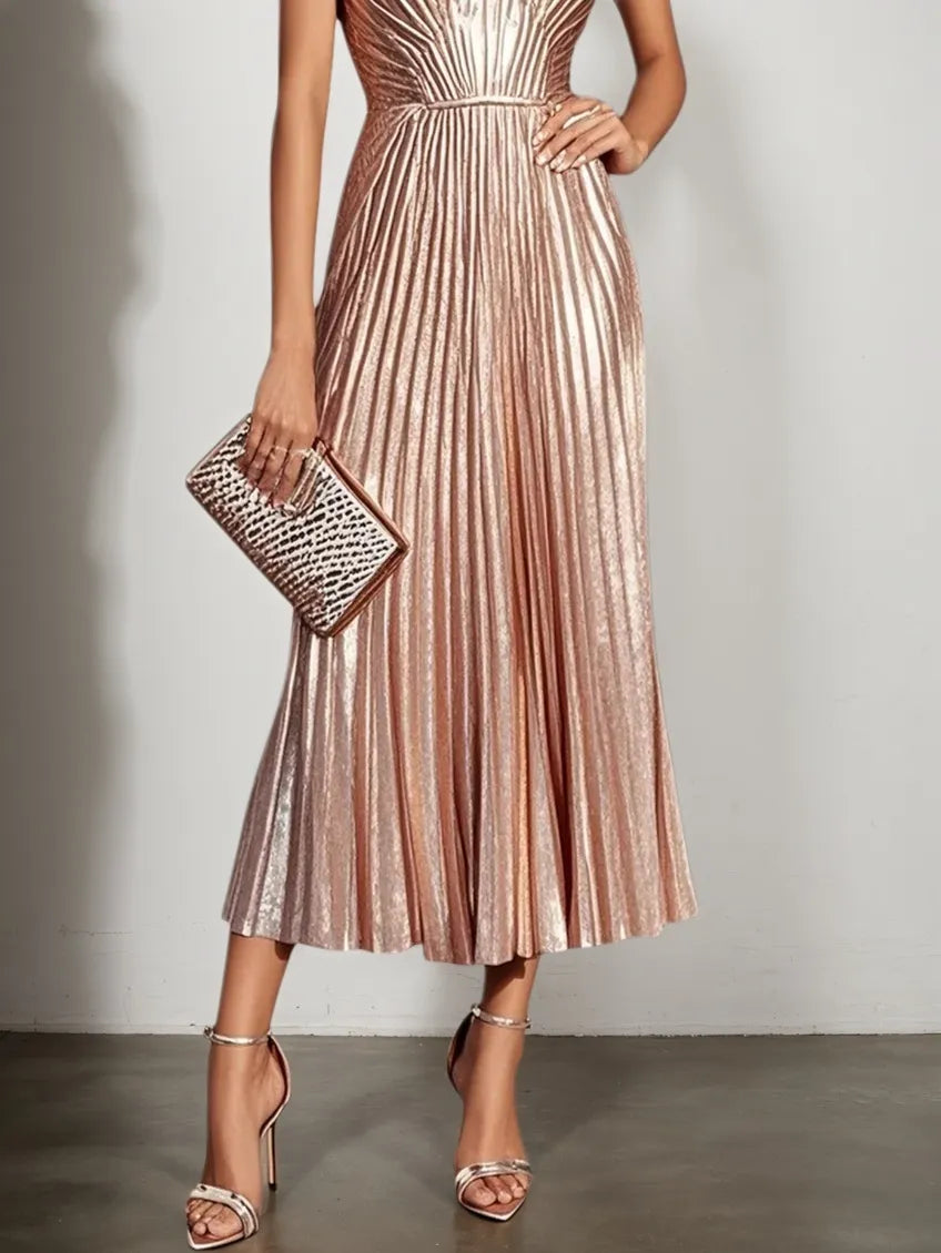Rose Gold Pleated Satin Strapless Sleeveless A-Line Midi Dress