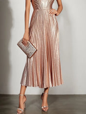 Rose Gold Pleated Satin Strapless Sleeveless A-Line Midi Dress