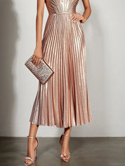 Rose Gold Pleated Satin Strapless Sleeveless A-Line Midi Dress