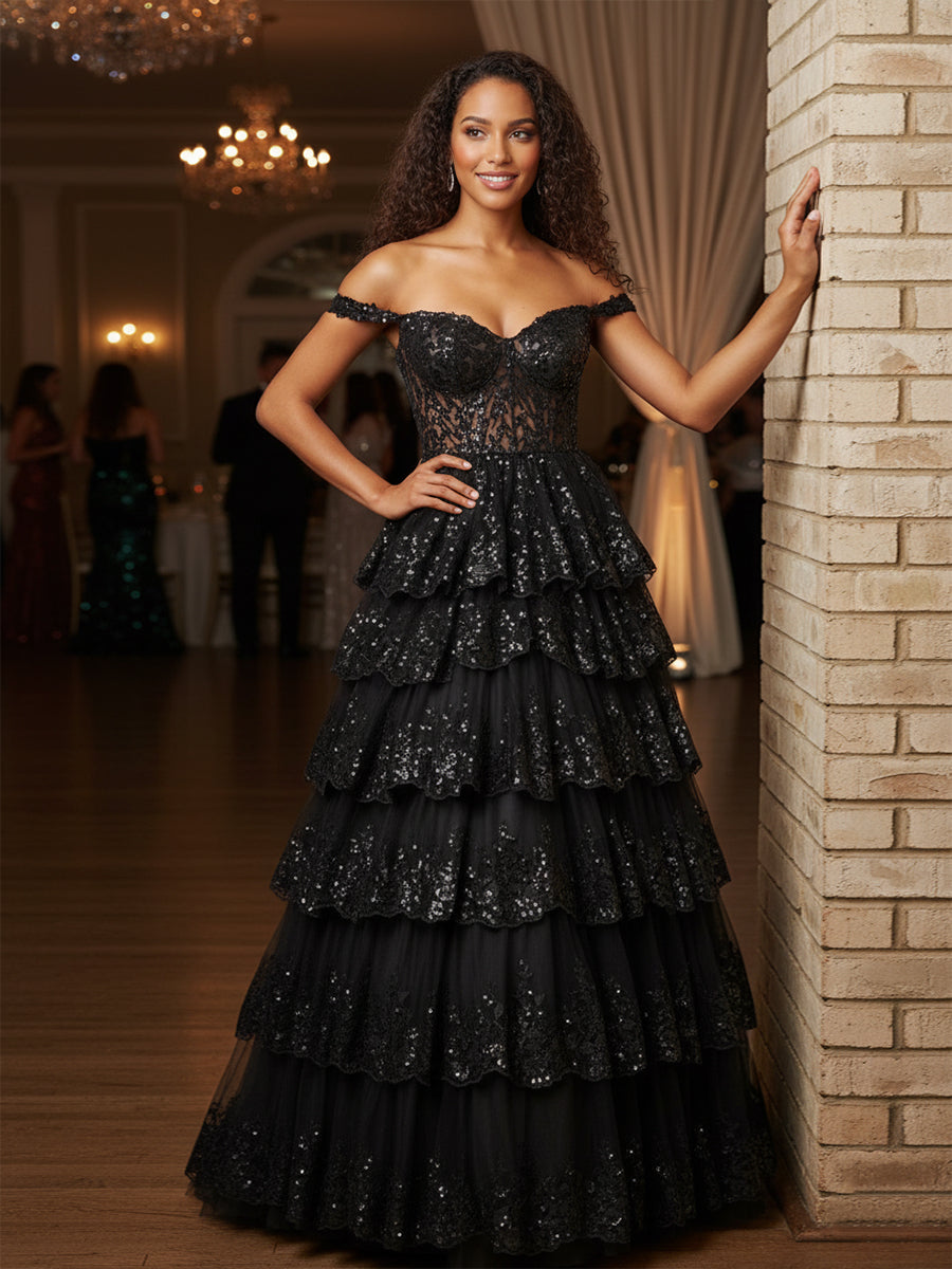 Off the Shoulder Tiered Lace Long Prom Dress