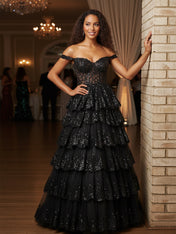 Off the Shoulder Tiered Lace Long Prom Dress