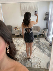 Light Blue Pearl-Embellished Ruched Corset Homecoming Dress
