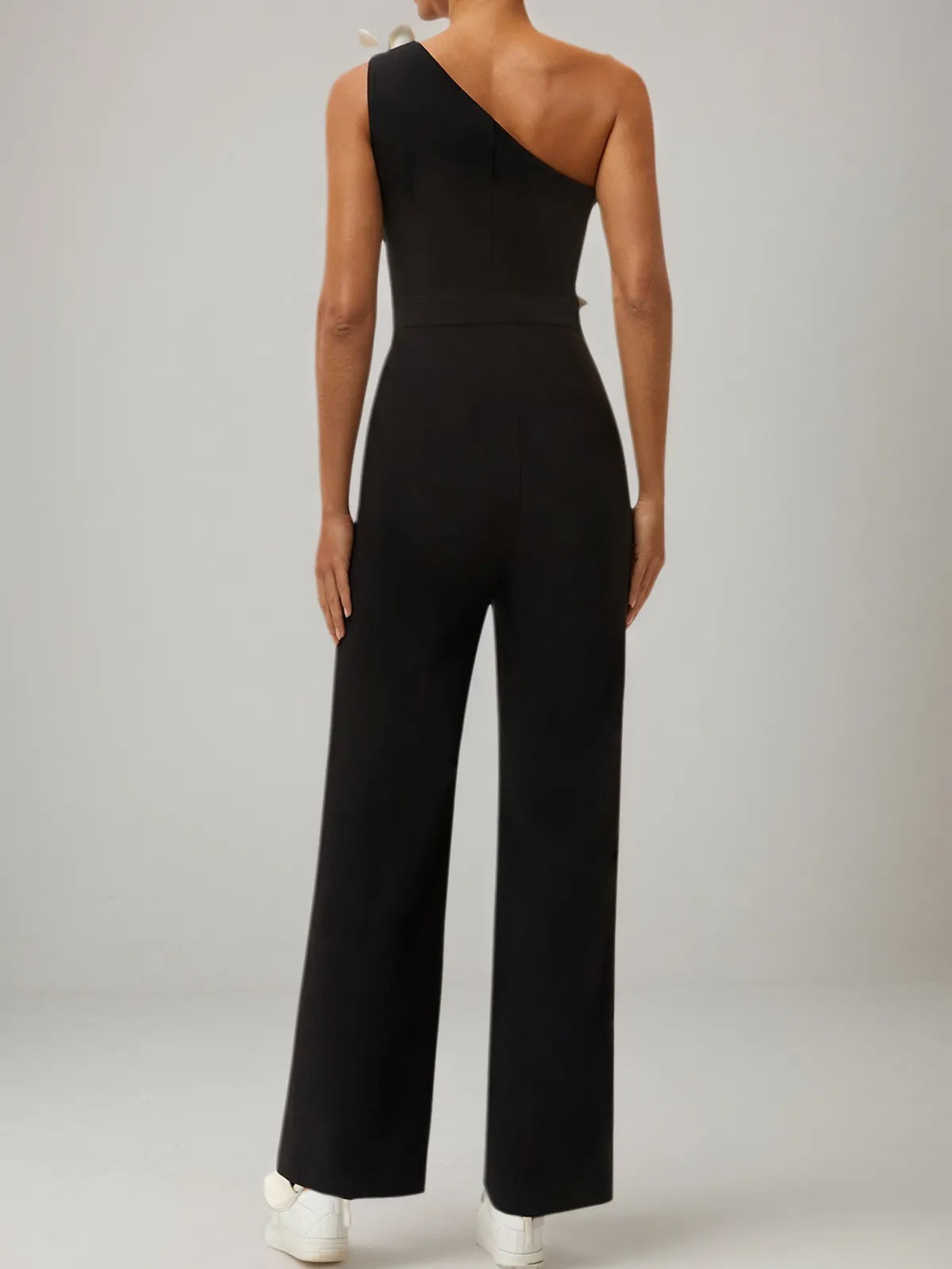 Women Black One Shoulder 3D Floral Wide-Leg Jumpsuit