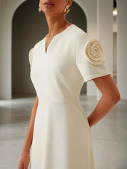 Off-White 3D Floral Short Sleeve V Neck A-Line Maxi Dress