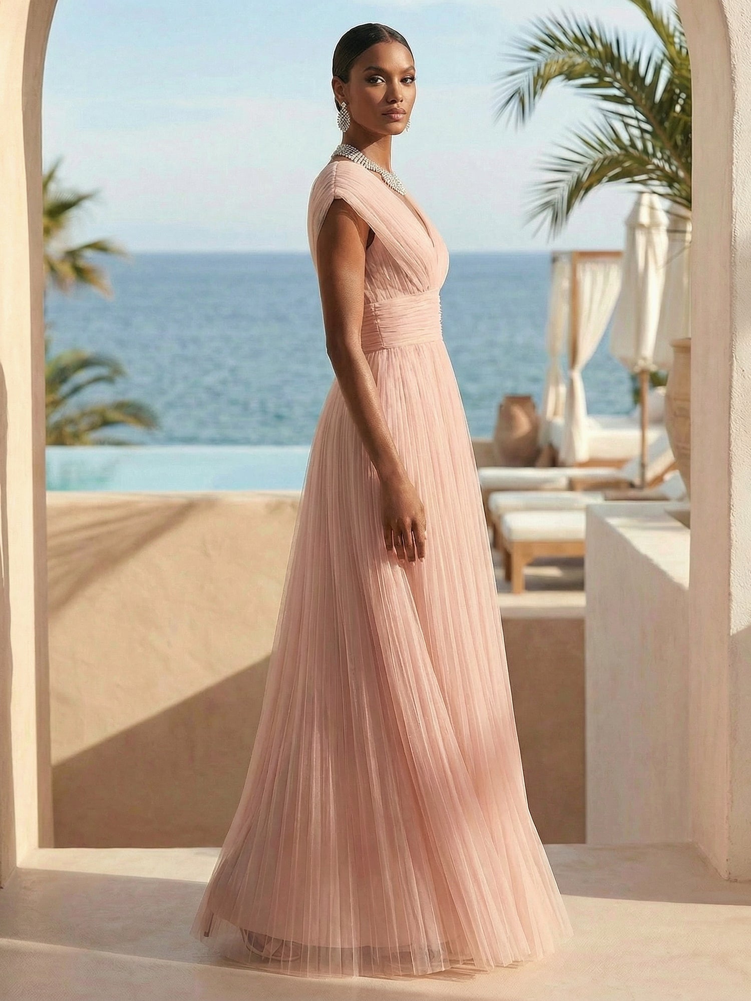 Pink V Neck A Line Regular Straps Tulle Maxi Dresses for Women Backless