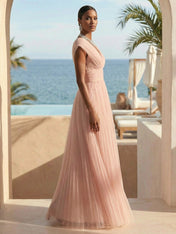 Pink V Neck A Line Regular Straps Tulle Maxi Dresses for Women Backless