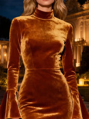 Brown Mermaid Long Ruffled Velvet Holiday Party Dress with Slit