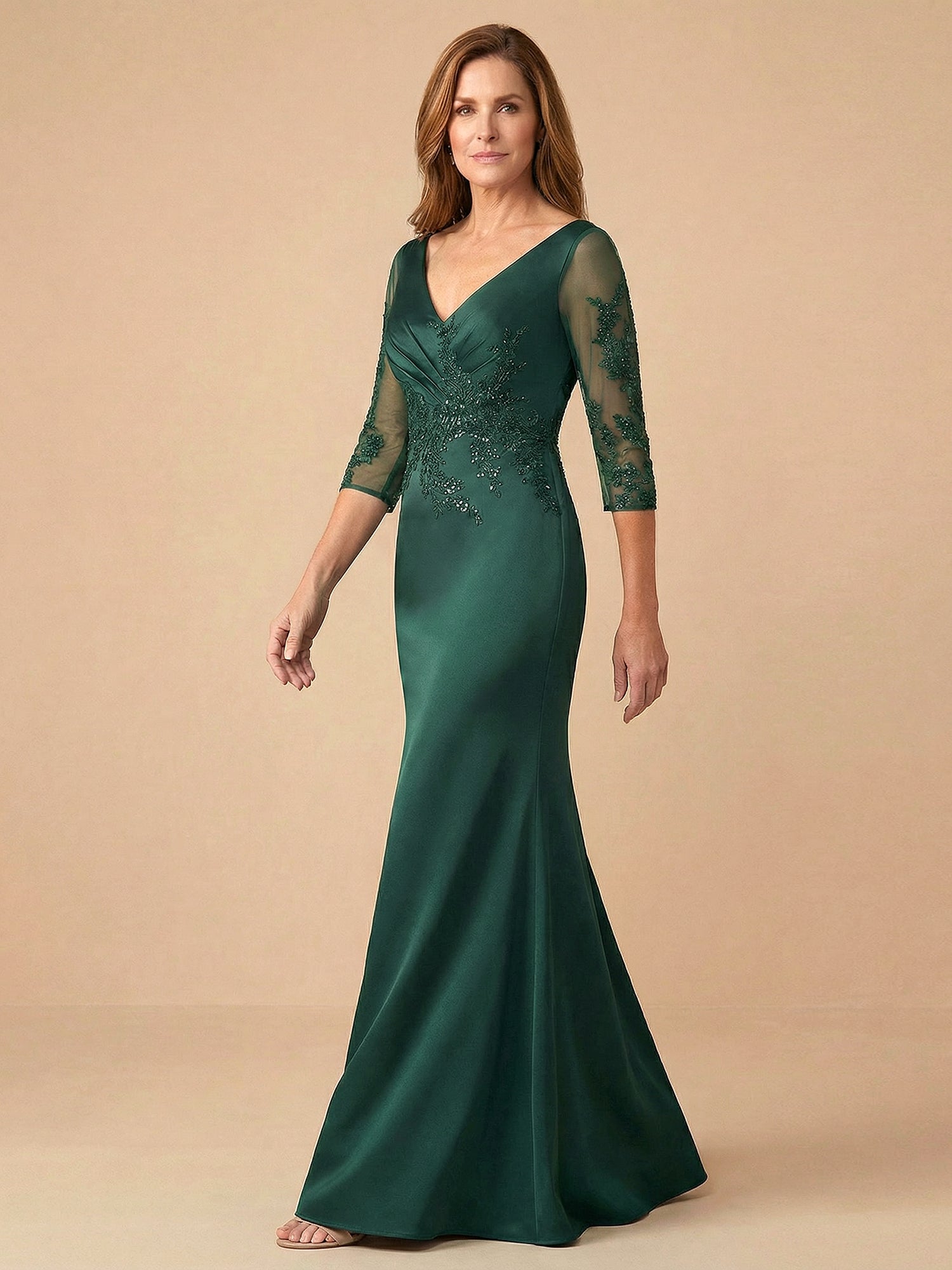 Half Sleeves Lace Applique Mermaid Satin Mother of the Bride Dress for Women