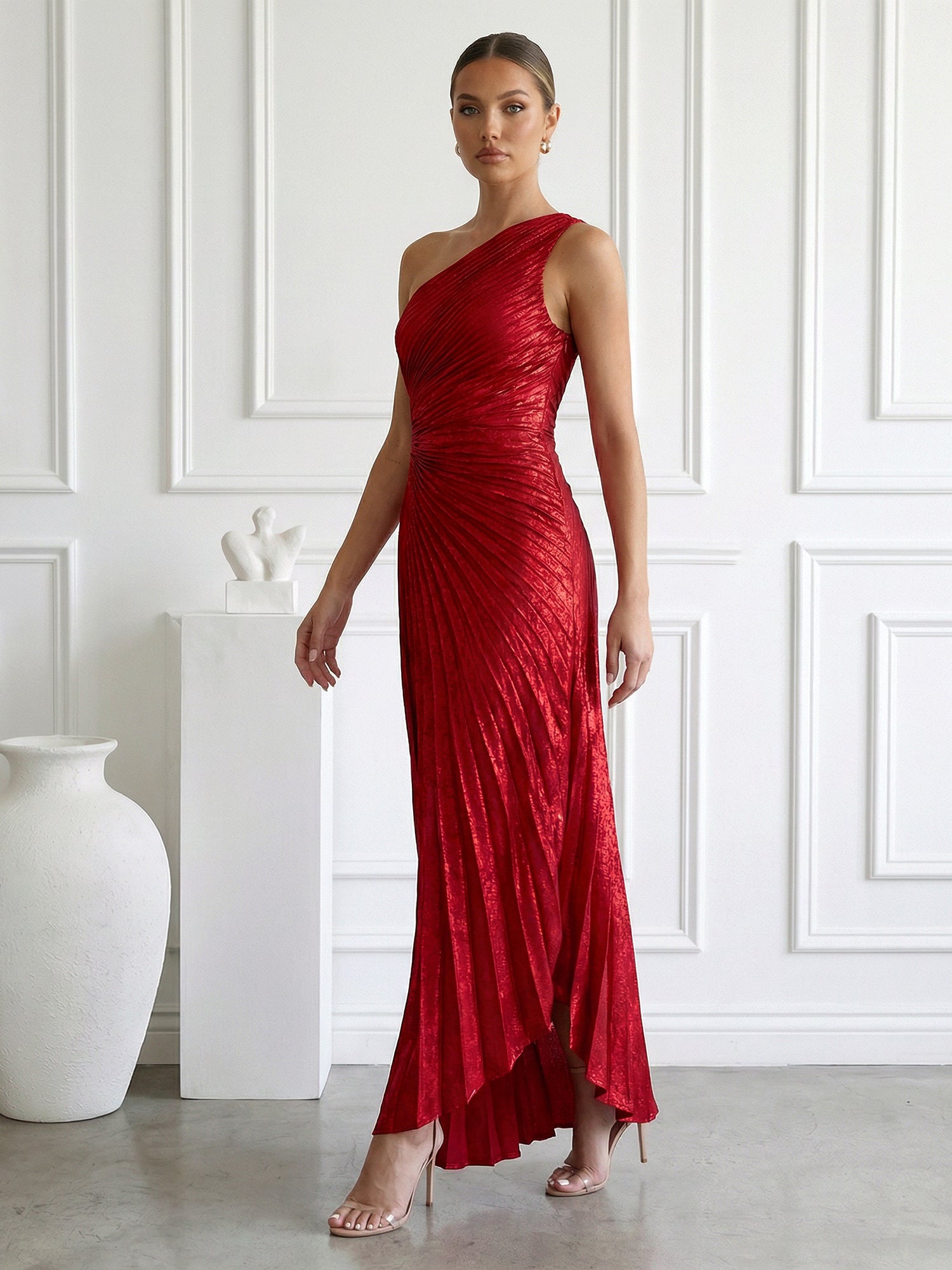 Burgundy One Shoulder Mermaid Maxi Dress Prom Dress with Pleat