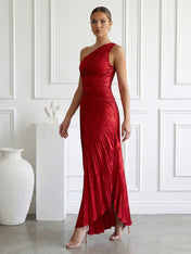Burgundy One Shoulder Mermaid Maxi Dress Prom Dress with Pleat