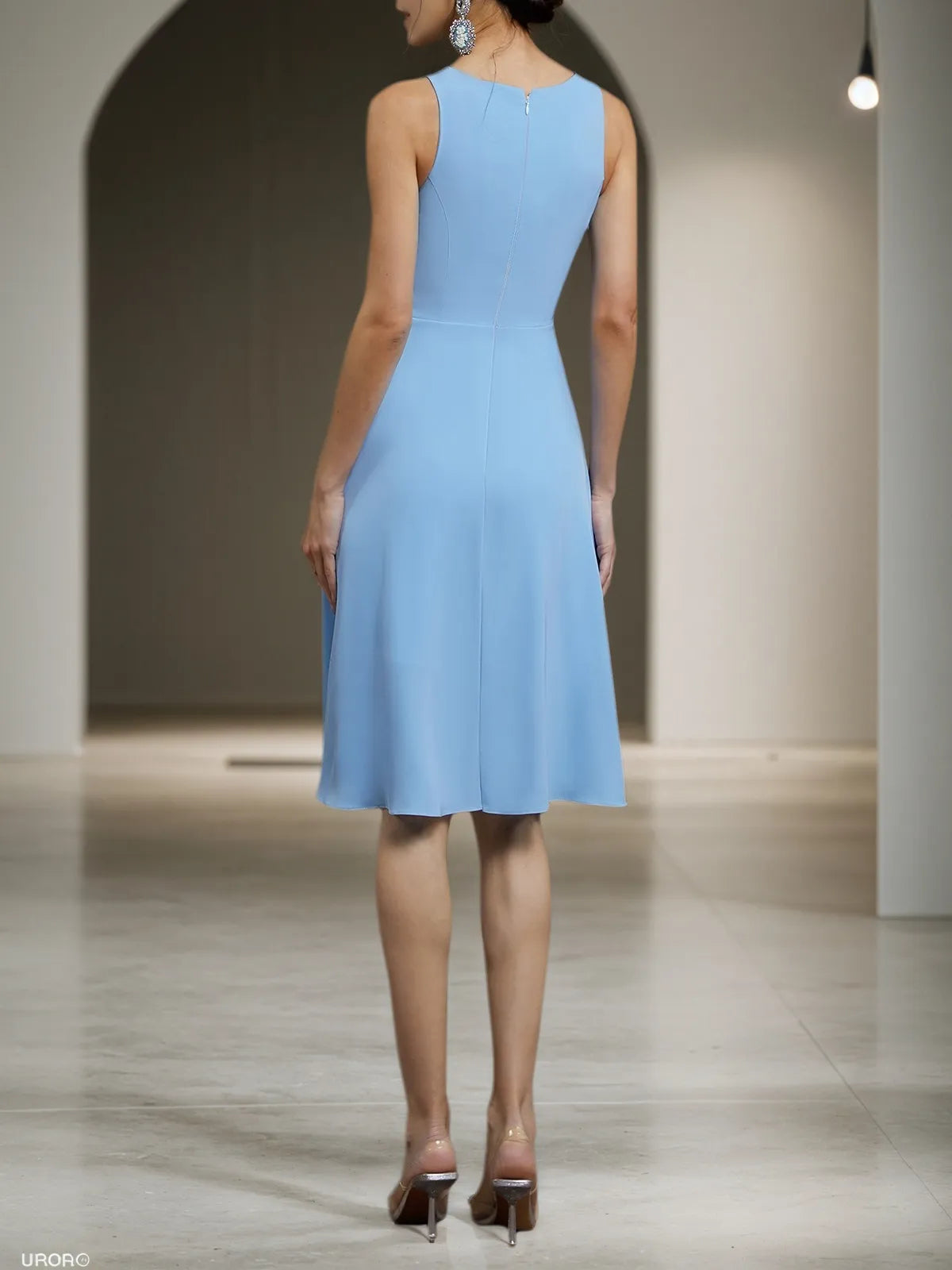 Light Blue Asymmetric Classic Crew Neck Sleeveless A-Line Midi Dress
