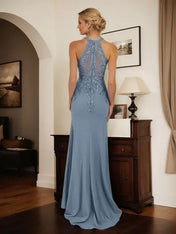 Dusty Blue Sheath Halter Long Mother of Bride Dress With Appliques