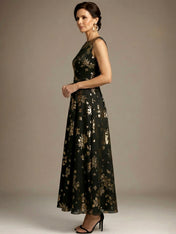 Black Stamped Bronzing Satin Crew Neck Sleeveless A-Line Maxi Dress