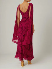 Red Jacquard Chiffon Cowl Neck Sleeveless Sheath Maxi Dress