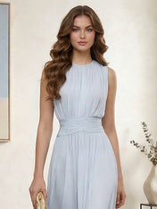 Ethereal Formal Evening Dress Ice Blue Pleated Chiffon Maxi Gown