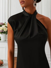 Black Knot Front Cold Shoulder Sleeveless Sheath Midi Dress