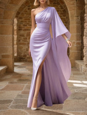 Formal Evening Dress Purple One Shoulder Flowing Maxi Gown