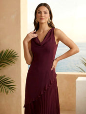 Burgundy V Neck A Line Pleat Maxi Dresses with Ruffle