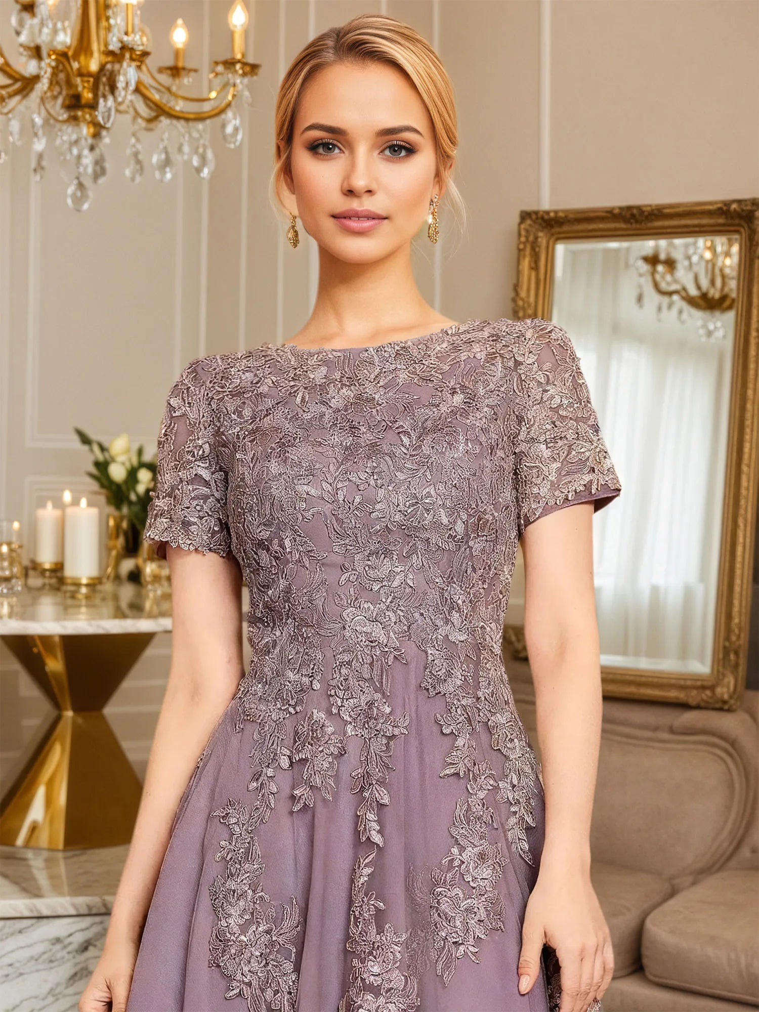 A Line Scoop Tea-Length Chiffon Mother of the Bride Dress With Appliques