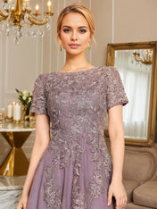 A Line Scoop Tea-Length Chiffon Mother of the Bride Dress With Appliques