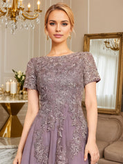 A Line Scoop Tea-Length Chiffon Mother of the Bride Dress With Appliques