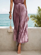 Rose Gold Pleated Cut Out Classic Halter Sleeveless A-Line Maxi Dress