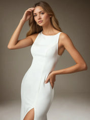 White Champagne Mermaid Side Slit Tulle Wedding Dress