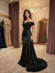 Black Satin Off-the-Shoulder Draped Long Prom Dress