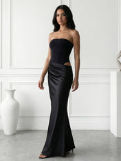 Black Hollowed Strapless Mermaid Maxi Dresses with Pleat