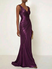 Evening Formal Dress V Neck Silk Ruffles Maxi Dress Gown