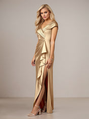 Champagne A-Line Satin V Neck Asymmetrical Mother of the Bride Dress