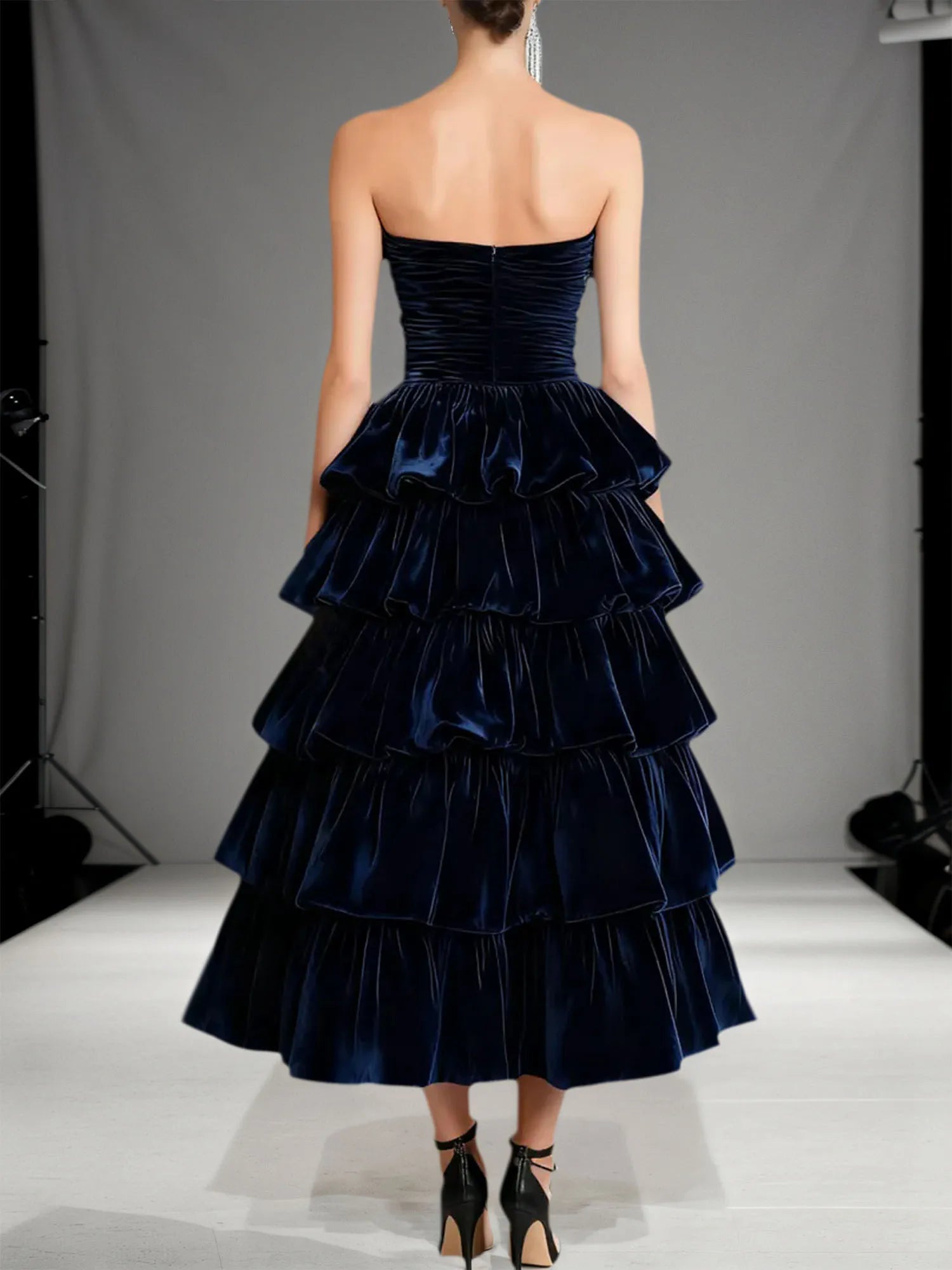 Evening Formal Dress Navy Off The Shoulder Velvet Maxi Dress With Ruffles