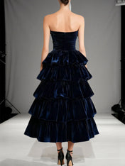 Evening Formal Dress Navy Off The Shoulder Velvet Maxi Dress With Ruffles