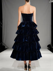 Evening Formal Dress Navy Off The Shoulder Velvet Maxi Dress With Ruffles